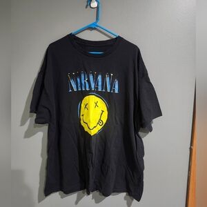 NIRVANA Black Tee with Blue Logo and Yellow Smiley No Size See Measurements